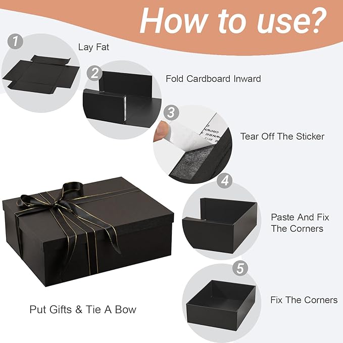Rinrda Extra Large Gift Box 16.5x13x5.5 inches,Black Gift Boxes with Lids for Presents,Perfect for Birthday,Valentine's Day,Christmas,Anniversaries,Contains Card,Ribbon,Shredded Paper Filler.