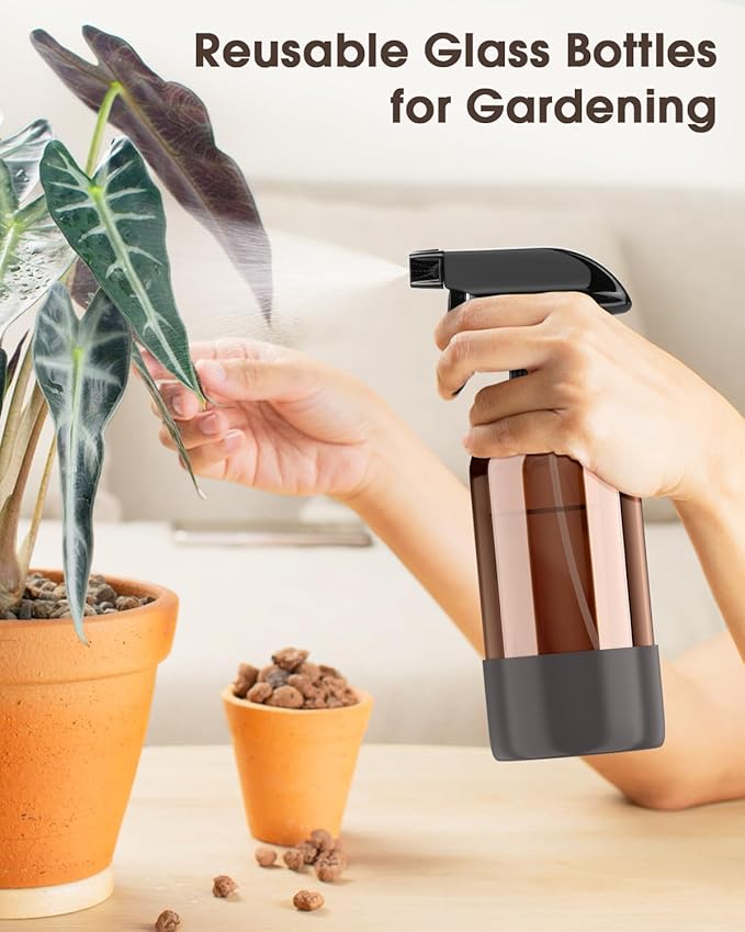 Glass Spray Bottle with Silicone Sleeve Protection, Amber Glass Spray Bottle Set for Window Cleaner Aromatherapy Facial Hydration Watering Flowers Hair Care 2 Pack/16 oz (Grey, 16 oz)