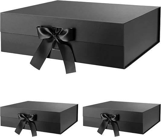 BLK&WH 3 Extra Large Gift Boxes with Ribbon 16.3x14.2x5 Inches, Large Black Gift Boxes with Lids for Presents, Groomsmen Proposal Boxes, Big Gift Boxes for Clothes and Large Gifts (Glossy Black)