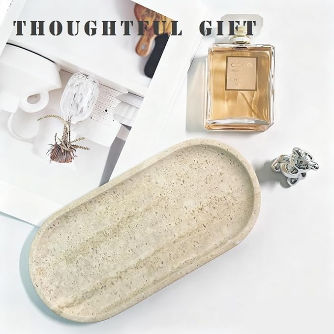 100% Natural Travertine Stone Tray for Perfume, Jewelry, Candle & Trinket Holder – Light Beige Stone Vanity Organizer for Bathroom, Coffee Table, or Living Room, 10"x5", Non-Resin/Ceramic