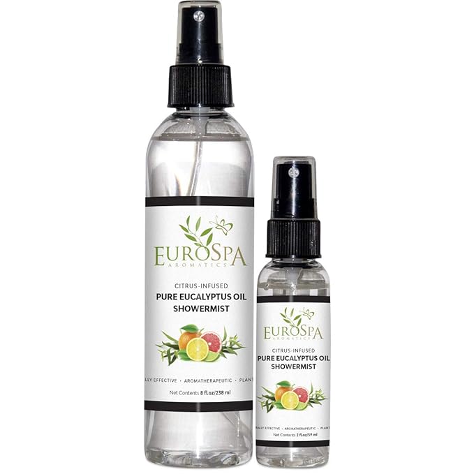 EuroSpa Aromatics Pure Eucalyptus Oil ShowerMist and Steam Room Spray, All-Natural Premium Aromatherapy Essential Oils - Citrus Infused, Duo Pack, 8oz and 2oz