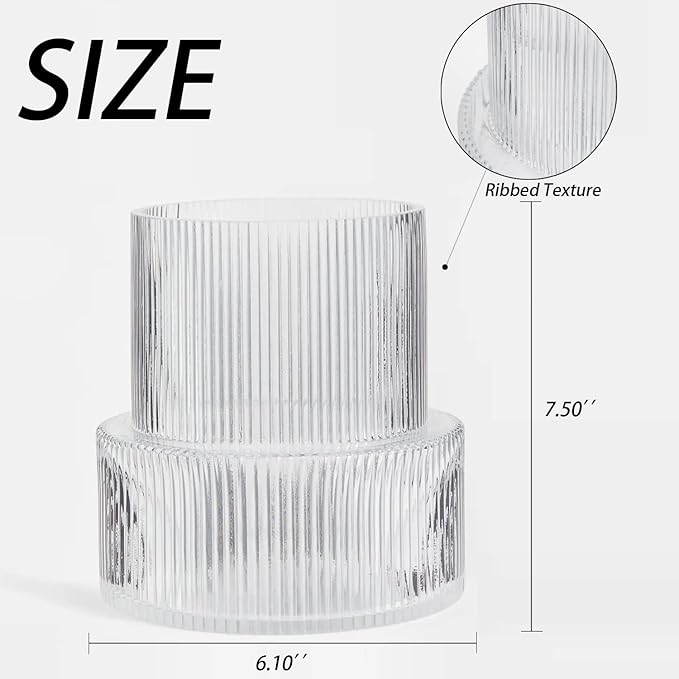 Ribbed Glass Vase, Flower Vase, Fluted Clear Vases for Flowers, Modern Vases for Living Room, Dining Table, Entryway, Shelf, Wedding, Office, Coffee Table, Birthday, 7.5 Inches