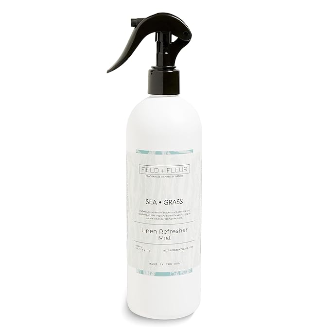 FIELD FLEUR Sea Grass Linen & Room Spray 15.5 oz - Aromatic & Refreshing Bedding & Fabric Mist - Air Freshener for Clothes & Sofas - Notes of Blackcurrant, Jasmine & Sandalwood - Made in USA