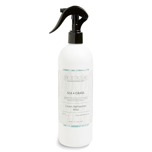 FIELD FLEUR Sea Grass Linen & Room Spray 15.5 oz - Aromatic & Refreshing Bedding & Fabric Mist - Air Freshener for Clothes & Sofas - Notes of Blackcurrant, Jasmine & Sandalwood - Made in USA