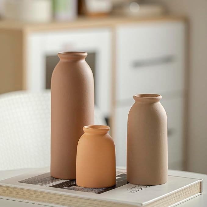 Ceramic Vase Set-3, Small Flower Vases for Decor, Modern Boho Farmhouse Style, Decorative Vases for Pampas Grass & Dried Flowers, Distressed Finish (Earth Tone)
