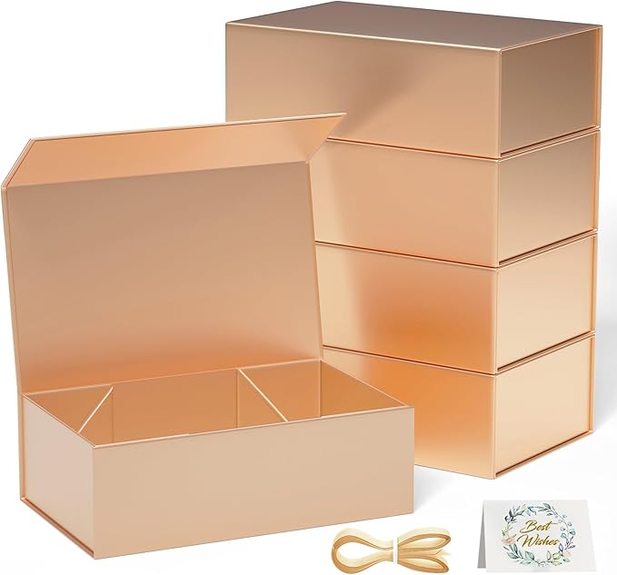 5 Pack Rose Gold Gift Box, 12x6x4'' Gift boxes for Presents with Lids Magnetic Closure Rectangle Collapsible for Bridesmaid Proposal Box, Wedding, Christmas, Halloween, Birthday Gift Packging