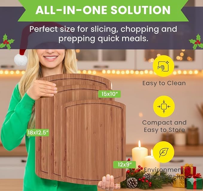 Organic Bamboo Cutting Board Set with Lifetime Replacements - 3pc Non Toxic Wood Chopping Board for Charcuterie, Meat, Vegetables and Fruits - Ideal Kitchen Gifts for Home Chefs