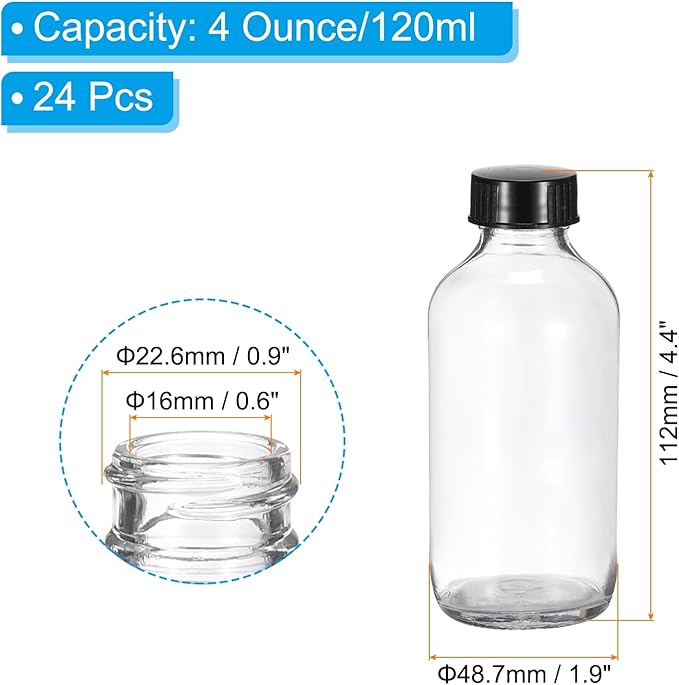 PATIKIL 4oz(120ml) Glass Sample Bottles, 24Pcs Round Bottle Dispensing Bottles with Black Poly Cone Cap for Reagent Liquids, Juice, Perfume Hot Sauce Ginger Shots, Transparent