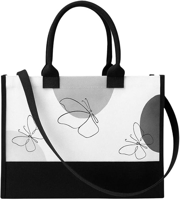 Canvas Tote Bag Hand-Stitched Spacious Eco-Friendly Durable, Detachable Strap for Vacation Beach Everyday Errand Work Essentials Ultimate Gift Butterfly Pattern
