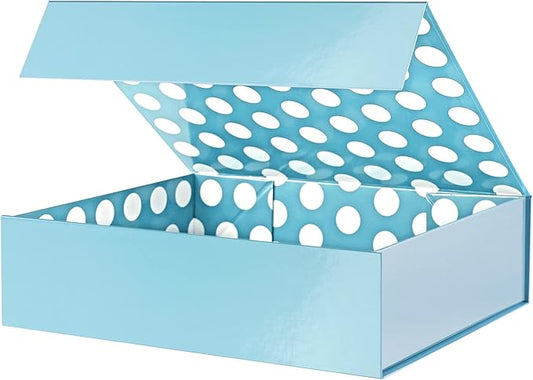 GREEN BEAN Gift Box 13x9.7x3.4 Inches, Large Baby Blue with Lid for Presents, Magnetic Gift Box for Clothes, Shirt (Glossy Metallic Baby Blue, Dot Design Inside)