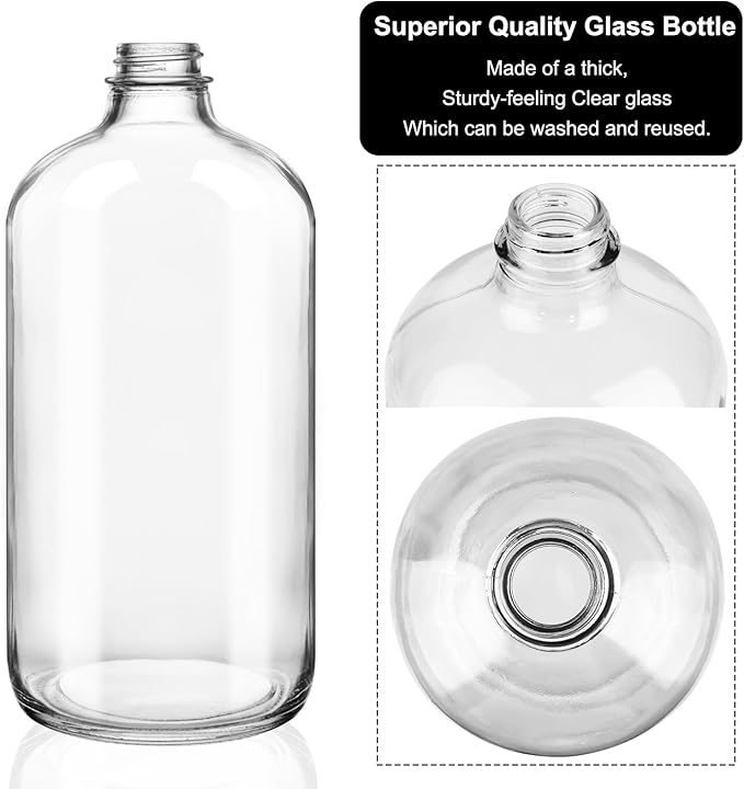 4 Pack 32 oz Clear Boston Round Glass Bottles with Black Caps for Secondary Kombucha Fermentation and Lab Chemicals (1 Funnel and 10 Pieces Black Chalkboard Labels Included)