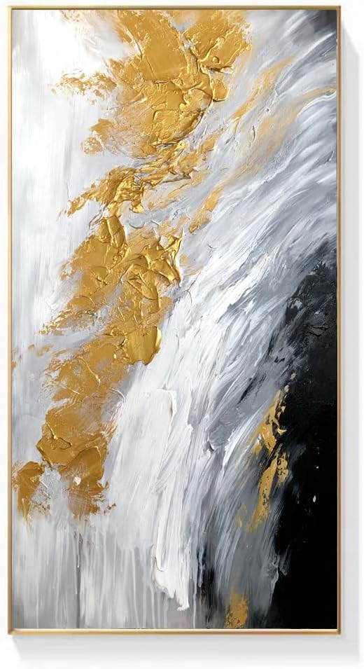 Hand-Painted Black and White Abstract Oil Painting on Canvas for Entrance-Hall, Framed Gold Wall Art for Living Room,Large 3D Wall Picture for Bedroom Kitchen Home Decoration 24x48inch