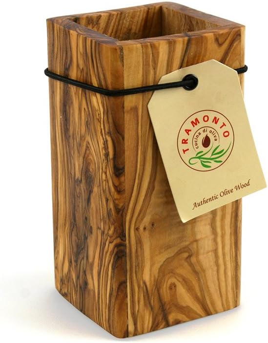 TRAMANTO Olive Wood Utensil Holder - Compact 3 x 3 Inch Square Wooden Crock for Kitchen Tools and Cooking (6 Inch Tall)