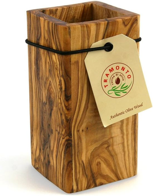 TRAMANTO Olive Wood Utensil Holder - Compact 3 x 3 Inch Square Wooden Crock for Kitchen Tools and Cooking (6 Inch Tall)