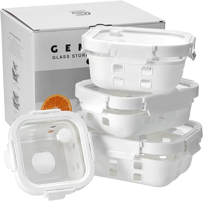 Glass Food Storage Meal Prep Containers - Food Grade Silicone Wrap & Air Release Vent, Rectangular shape - 8 Pc Set (4 Containers - 4 Matching Lids)