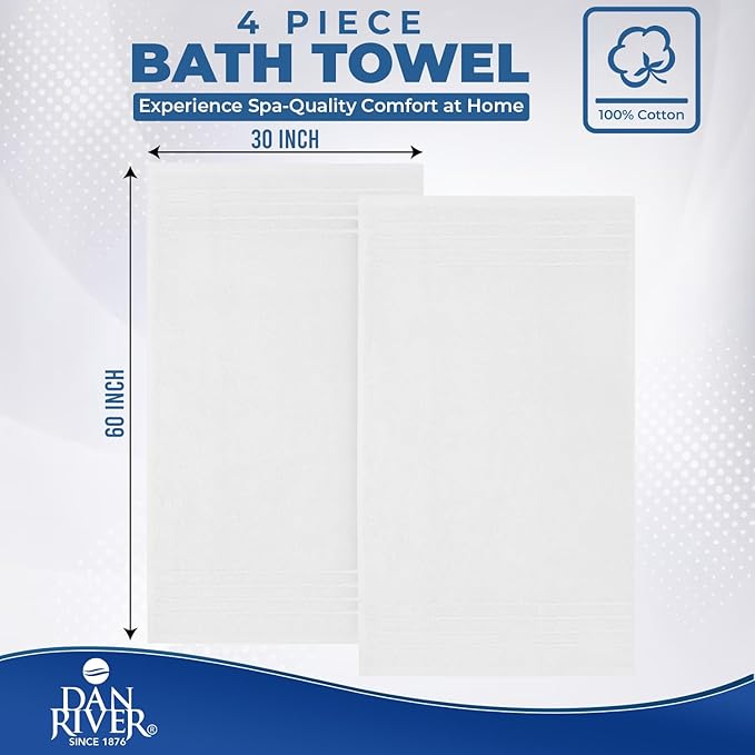 DAN RIVER Bath Towels Set of 4, 30 x 60 Inches, 100% Cotton, Larger & Lighter Weight, Quicker to Dry, Super Soft and Absorbent, Ideal Hotel Towels for Daily Use, White