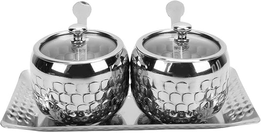 Diydeg Seasoning Jars, Stainless Steel Seasoning Jars Sugar Bowl Metal Seasoning Pots Condiment Jar Container with Clear Glass Lids Spoons Tray for Kitchen