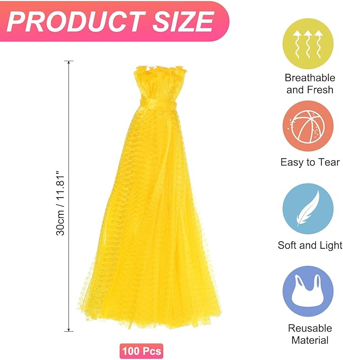 uxcell 100PCS Reusable Mesh Produce Bags, 11.8 Inches Egg Hatching Bags Washable Breathable Fruit Net Stretchable Mesh Netting Storage for Seafood Vegetable Onion Grocery Shopping, Yellow