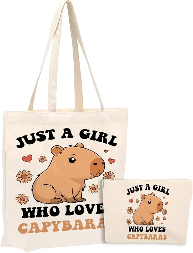 A Girl Loves Capybaras Capybara Gifts, Cute Capybara Stuff Accessories Canvas Tote Bag Makeup Cosmetic Bag Beach Bags for Women Girls Teacher Sister Birthday Weekender Graduation Christmas Easter