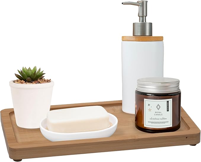 Small Bamboo Tray for Bathroom Countertop - Natural Wooden Bathroom Counter Tray Decor, Spa Skincare Make up Trays for Vanity or Dresser Tops, Neutral Home Decor Aesthetic, Soap Dish, 9 inch