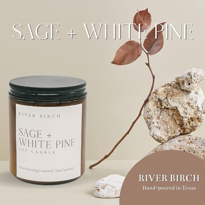 River Birch Candles Sage + White Pine Scented Candle | Premium, All-Natural, Non-Toxic, Soy Amber Jar Candles | 8.5oz 40 Hr Burn Time | Cozy Relaxing Gifts for Home