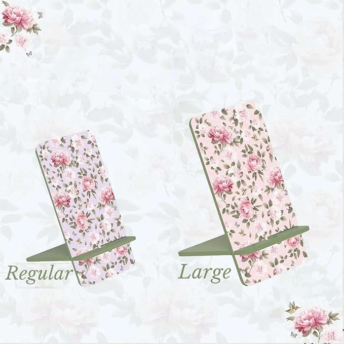 Wooden Pink Cell Phone Stand,Universal Phone Holder Stand Charging Hole Compatible with All Phone iPhone14,Smartphones,Facetime Holder for Desk 6"x 3.15"Inch Pink Peonies (Regular)