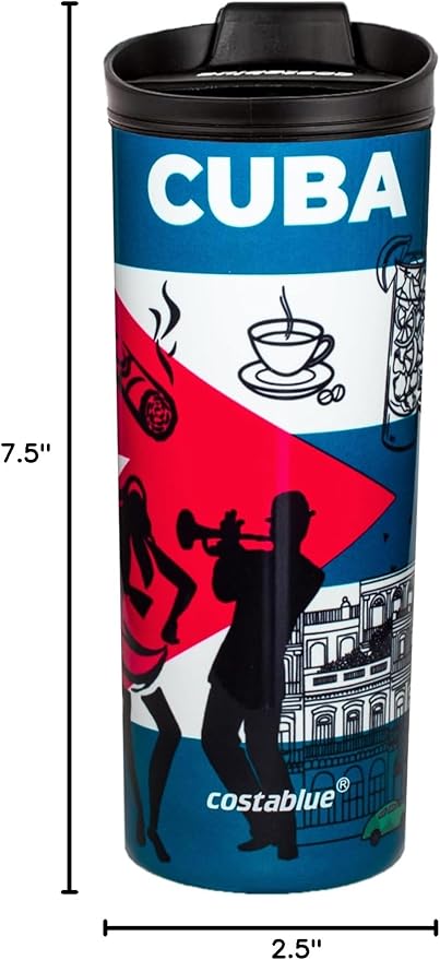 Cuba Vacuum Insulated Stainless Steel Thermal Travel Mug, 16 oz, Easy Clean, Flip leak Proof Lid Cuba Flag with Icons from Cuba…