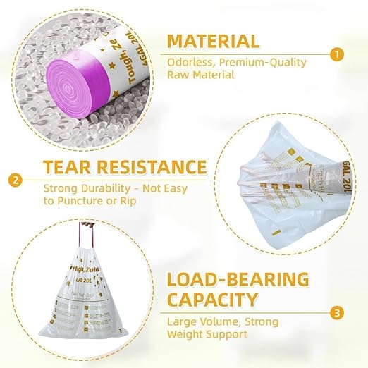 OKKEAI 4 Gallon Bathroom Trash Bags, Small White Drawstring Garbage Bags 60 Count – Heavy Duty Leak-Proof Tear-Free Wastebasket Liners with Safety Warning for Bathroom, Kitchen, Bedroom, Office