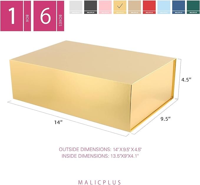 Large Gift Box with Lid 13.5x9x4.1 Inches, Gold Groomsman Proposal Gift Box with Magnetic Closure for All Occasion(Glossy Gold)
