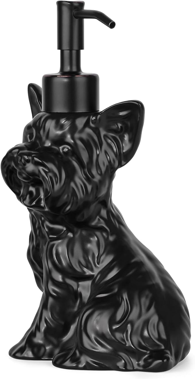 Yorkshire Terrier Shaped Soap/Lotion/Hand Sanitizer Dog Lover Stainless Steel Pump Dispenser for Dog Gifts, Refillable for Kitchen and Bathroom(Black)