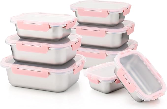 8 PCS-4-Size Stainless Steel Lunch Box- Leakproof & Dishwasher Safe, Stackable Stainless Steel Food Containers, Metal Bento Box for Work,Travel (58/41 /24 /14Oz, Pink)