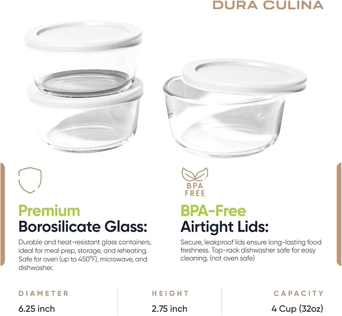DURA LIVING 6-Piece Glass Food Storage Containers Set (3 Containers + 3 BPA-Free Lids) | 4-Cup, Leakproof | Microwave, Freezer, Oven & Dishwasher Safe | Ideal for Meal Prep & Pantry Organization