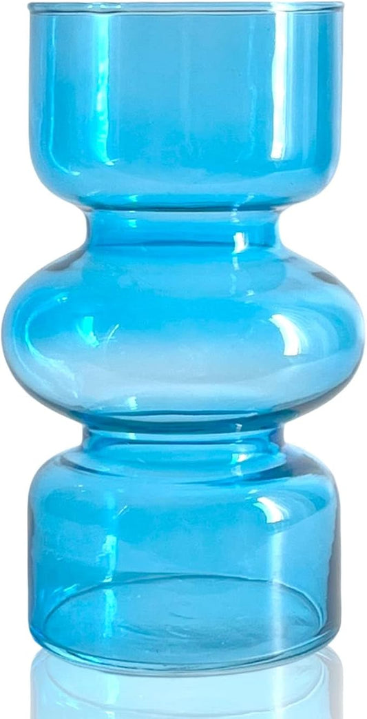 BLOFLO Blue Transparent Glass Hydroponic Vase, 7Inches Colored Glass Vase for Flower, Modern Geometric Three-Layer Floral Vases for Home Office Wedding Table Décor(Blue)