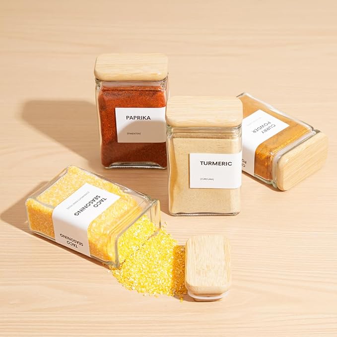 APT 1101 Glass Square Spice Jars with Labels, 4oz Glass Jars with Bamboo Lids, Spice Bottles, Seasoning Organizer, 12 Pack (White)