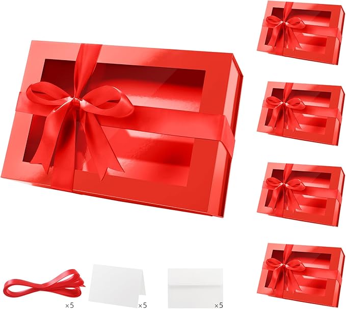 PACKQUEEN 5 Large Red Christmas Gift Boxes with Windows, 13.5x9x4.1 Inches Valentine's Day Clear Gift Boxes for Presents Contain Ribbons, Cards, Bridesmaid Proposal Boxes, Boxes with Magnetic Lids (Glossy Red)