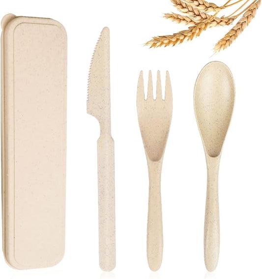 Reusable Travel Utensils Set with Case, Beige Wheat Straw Portable Knife Fork Spoons Tableware, Eco-Friendly BPA Free Cutlery for Kids and Adults as Travel Picnic Camping Utensils