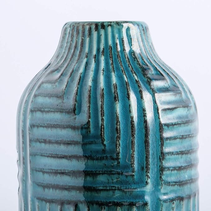 hjn Tea Ceramic Vase- Modern Decor Vases for Living Room/Bookshelf/Mantel/Home Decor Accents - Teal texture-Large-10.6" H