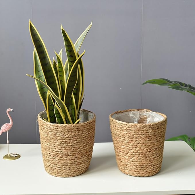 Veemoon 2Pcs Wicker Planter Basket, Rattan Grass Woven Flower Pot Seagrass Planter with Plastic Liner Farmhouse Storage Fruit Bowl Hyacinth Storage Baskets for Plant Flower Fruit Vegetable, 8.65inch H