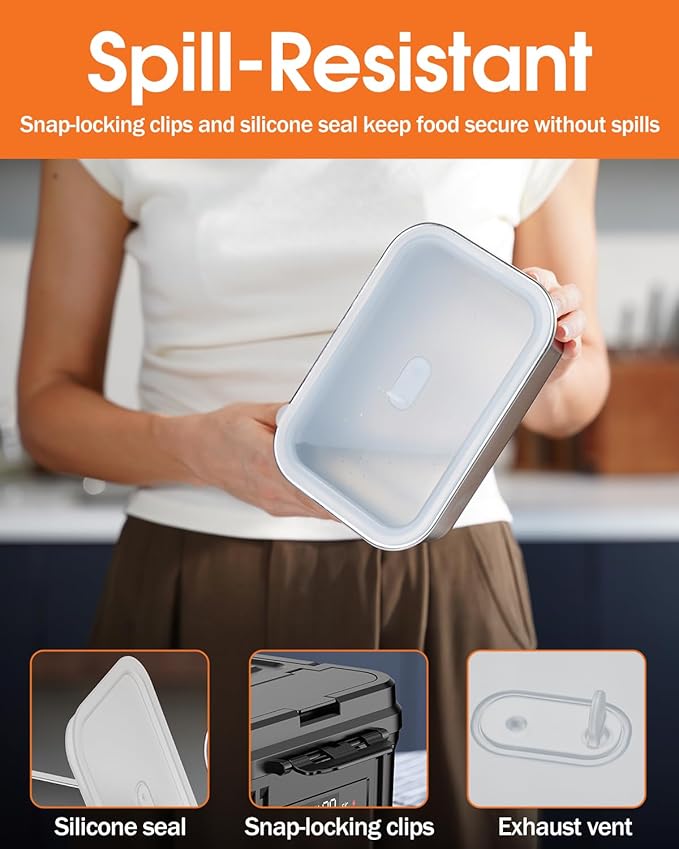 Cordless Electric Lunch Box for Adults – Battery-Powered Heated Lunch Box with 1.2L Stainless Steel Container, Timer Function, and Leak-Proof Food Warmer for Work, Travel & Office