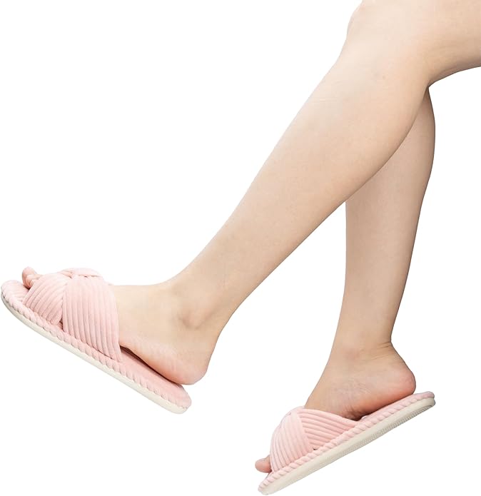 Chantomoo Slippers for Women Memory Foam House Womens Slipper Slides Home Bedroom Bathroom Spa Open Toe Corduroy Bow Slippers Cozy Comfortable