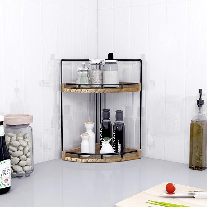 Dorhors 2-Tier Bathroom Counter Organizer,Vanity Counter Corner Shelf, Skincare, Wood Countertop Bathroom Storage and Organization for Kitchen (Brown)