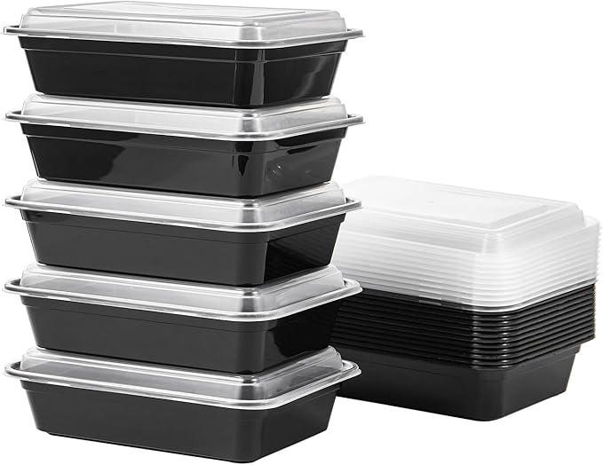 24 oz Meal Prep Containers With Lids Reusable 50 Pack Extra-thick Plastic Food Storage Black Disposable To Go Lunch Box BPA Free Stackable Microwave Dishwasher Freezer Safe (Formerly FULING)