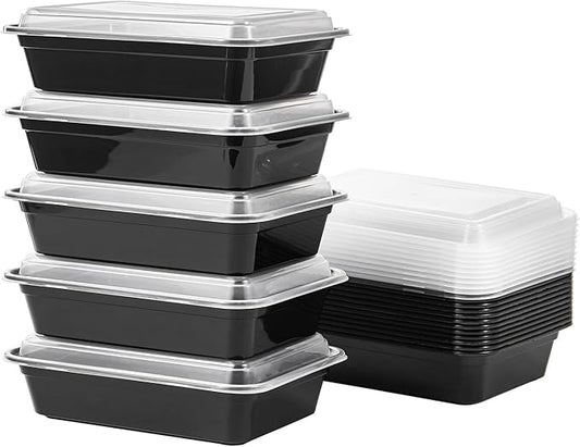 24 oz Meal Prep Containers With Lids Reusable 50 Pack Extra-thick Plastic Food Storage Black Disposable To Go Lunch Box BPA Free Stackable Microwave Dishwasher Freezer Safe (Formerly FULING)