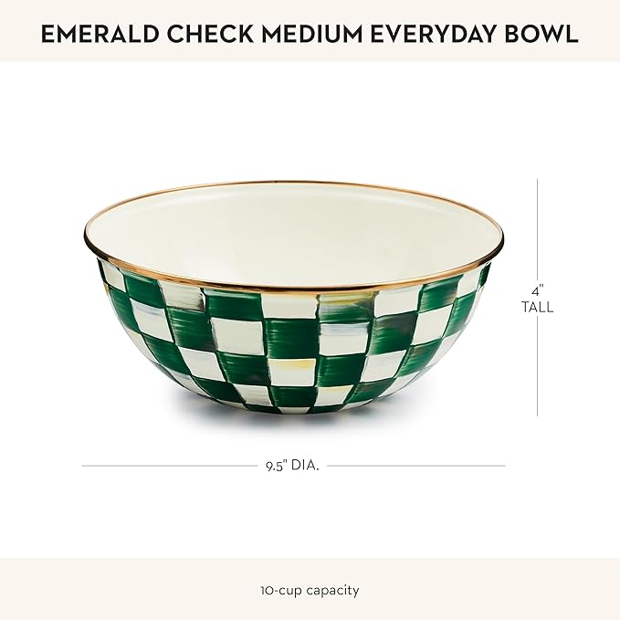 MACKENZIE-CHILDS Enamel Everyday Bowl, Serving Bowl for Entertaining, Medium, Green-and-White Emerald Check
