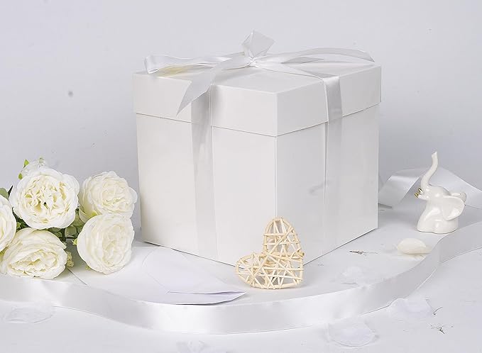 Jaywayang 5 Pack White Gift Boxes with Lids, Ribbons and Tissue Papers Square Gift Boxes - 7.1 Inch - Birthday, Wedding, Presents Wrapping, Mother's Day, Valentine's Day Decoration Party Favor Boxes.