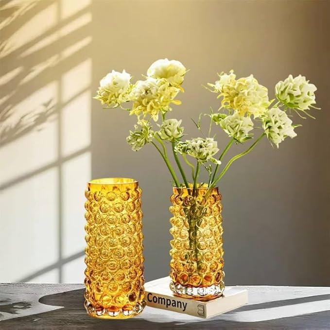 Unique Large Bubble Gold Glass Cylinder Vase-11 inch Tall, Flower Ribbed Vase for Living Room, Bedroom, Dinning Table, Office, Wedding, Table, Centerpieces.