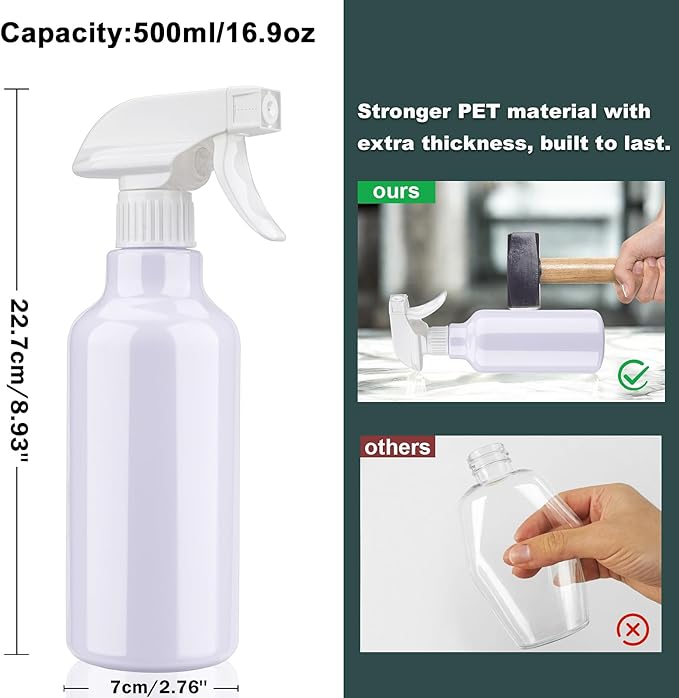 Spray Bottles Plastic Spray Bottle for Hair Mist/Stream Heavy Duty Empty Spray Bottles for Cleaning Solutions, Plants, Cooking (16.9oz-White)