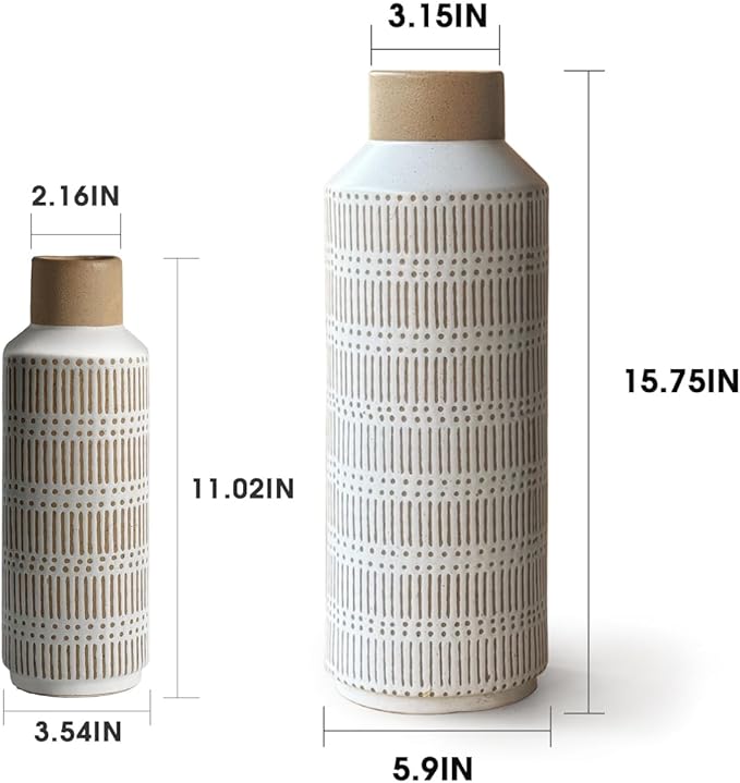 Rustic Ceramic Vase Set of 2 for Living Room Bedroom 15.75'' and 11.02'' Farmhouse Flower Bouquet Vases for Fake Plant Home Decor Office Fireplace Centerpieces Retro Vintage Modern Gift