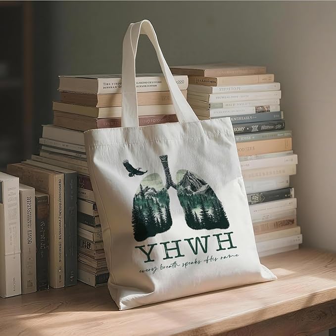 Christian Canvas Tote Bag, YHWH Every Breath Speaks His Name Tote Bag, Christian Canvas Totes for Work Traveling, Reusable Grocery Shoulder Shopping Bags, Christmas Gifts to Women Friends