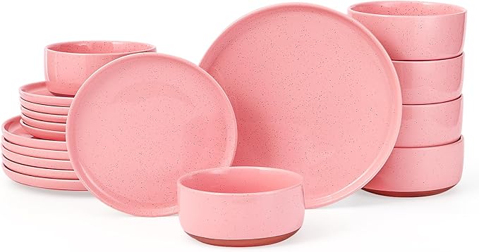 GZG Modern Art Series - 18 Pcs Speckled Stoneware Plates and Bowls Sets, Ceramic Dinnerware Set with Rustic Terracotta Underside, Microwave and Dishwasher Safe Handcrafted Dishes Set - Blush Pink